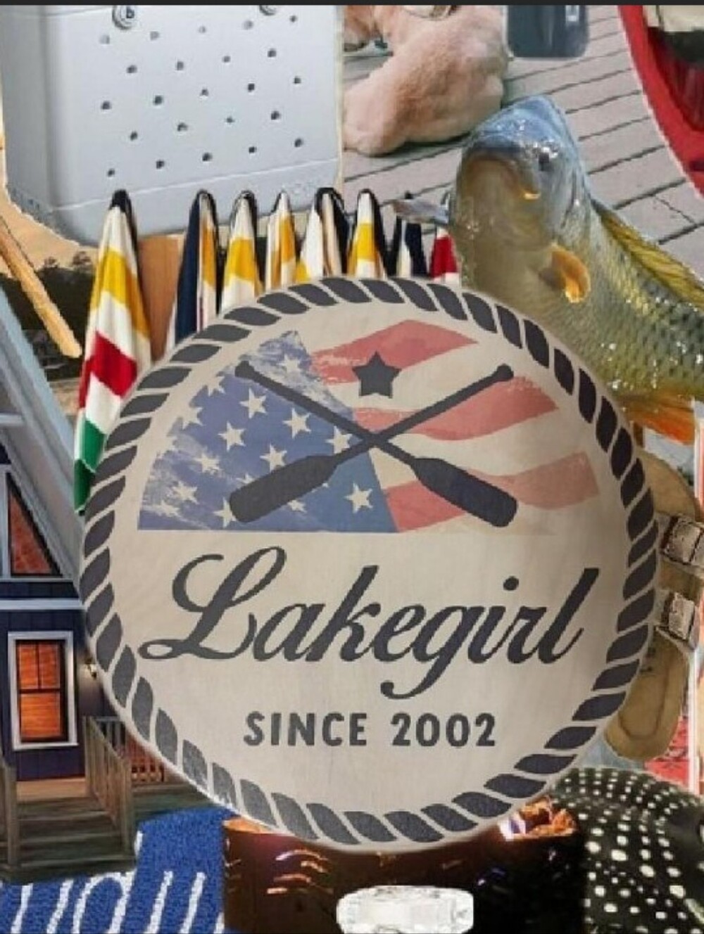 Brand New Lakegirl "Since 2002" American Flag Paddle Round Wooden Wall Plaque